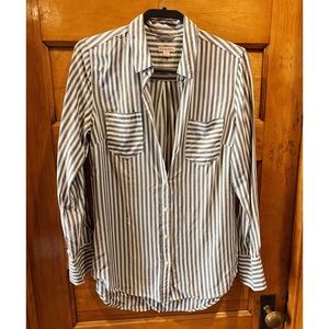 Blue and white striped button down shirt